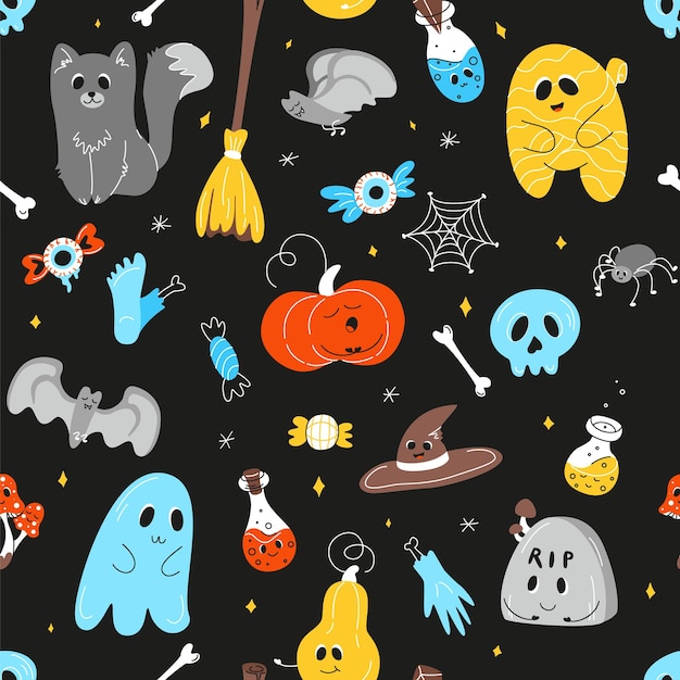 Fondo de Halloween sin fisuras Tema de Halloween Garabatos de Halloween Conjunto de elementos de Halloween