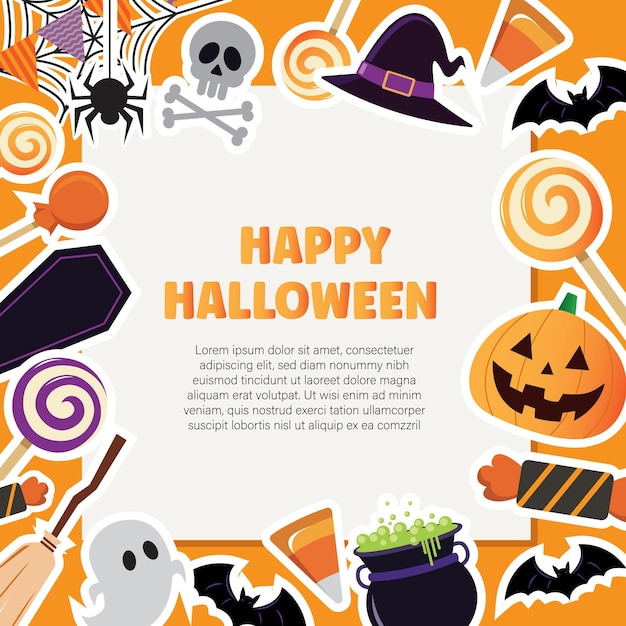 Fondo de Halloween con iconos planos e ilustración vectorial de marco cuadrado