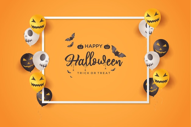Fondo de Halloween con ilustración de un marco rodeado de calaveras de globos