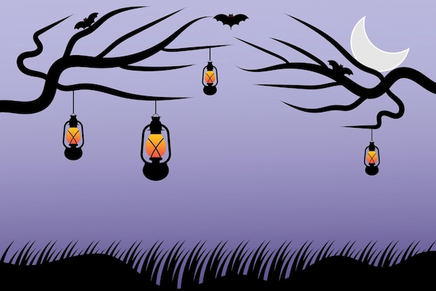 Fondo de Halloween con linternas colgantes y murciélagos Ilustración vectorial Adecuado para carteles y pancartas de tarjetas de felicitación
