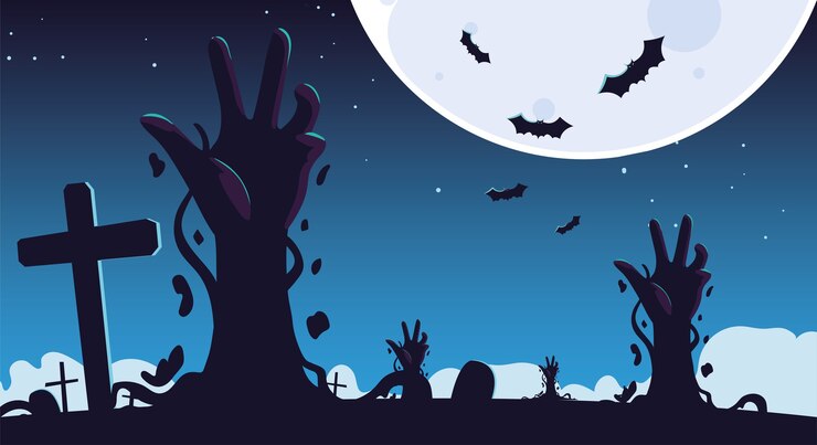 Fondo de Halloween con manos de zombie en cementerio y luna llena
