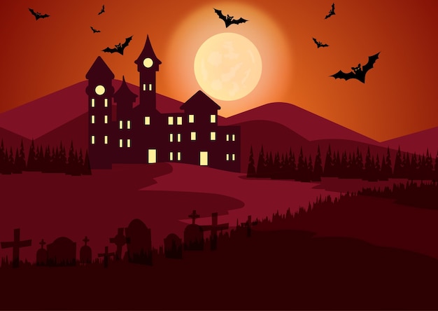 Vector fondo de halloween con mansión en la noche y castillo oscuro con personajes