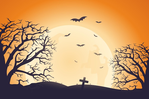 Fondo de Halloween murciélago espeluznante árbol y cementerio con luz de luna en fondo naranja