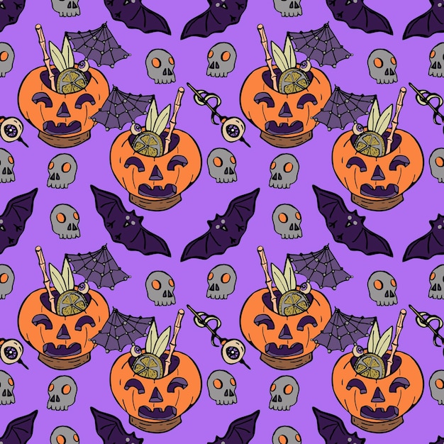 Fondo de Halloween Vector de patrones sin fisuras con calabazas murciélagos calaveras Spooky temporada