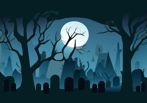 Fondo de Halloween con viejas lápidas del cementerio espeluznantes árboles sin hojas