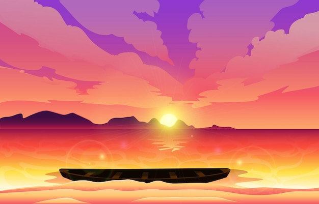 Vector fondo hermoso cielo puesta de sol con barco de madera