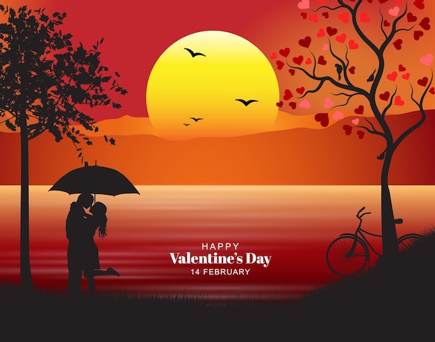 Vector fondo hermoso del día de san valentín de la puesta del sol de la naturaleza con la pareja romántica y el árbol del corazón