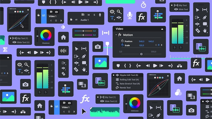 Vector fondo de las herramientas de procesamiento del editor de video bloques de herramientas edición de películas gráficas interfaz de usuario del diseñador de movimiento