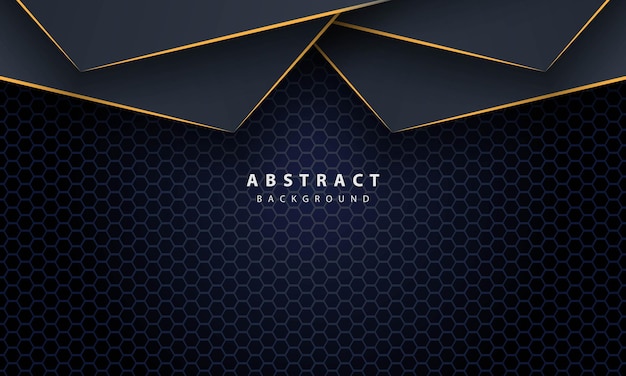 Fondo hexagonal abstracto azul oscuro con formas de degradado de línea dorada. Plantilla de diseño para banner, carteles, portada, etc.