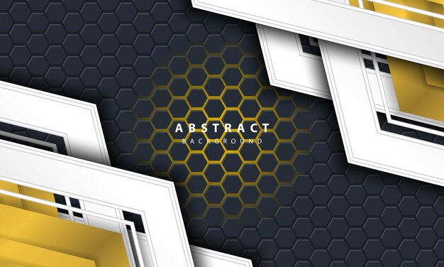 Fondo hexagonal de luz dorada abstracta 3D con formas de marco dorado y blanco.