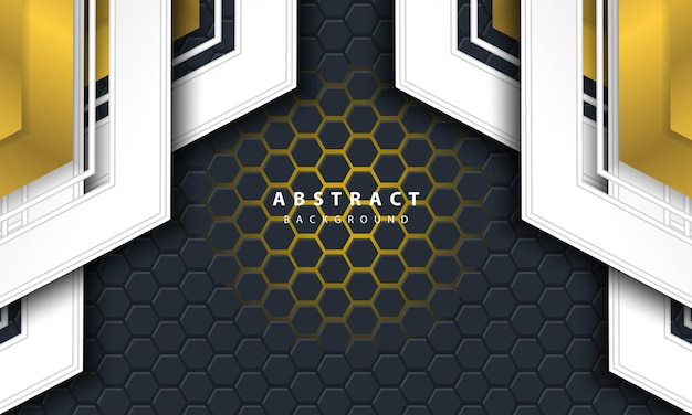 Fondo hexagonal de luz dorada abstracta 3D con formas de marco dorado y blanco.