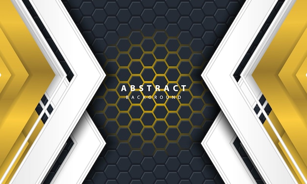 Fondo hexagonal luz oro abstracto 3D con formas de marco dorado y blanco.