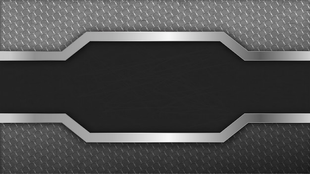 Fondo hexagonal de metal inoxidable en el centro. Carbono oscuro monocromo claro transparente.