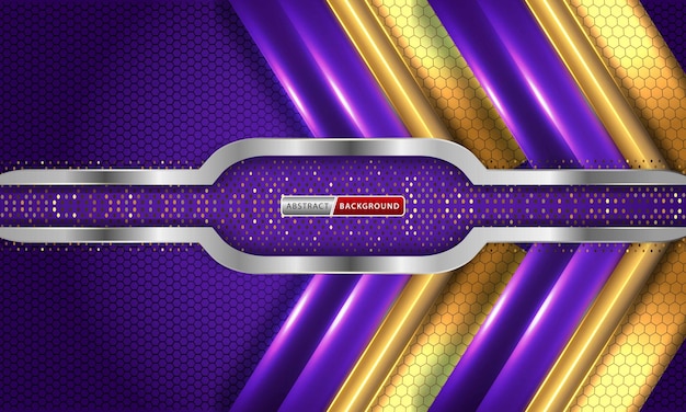 Fondo hexagonal de tecnología con concepto de combinación de elementos dorados y morados