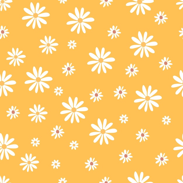 Fondo hippie retro de patrones sin fisuras de la década de 1970 con manzanilla de flores de colores en estilo vintage