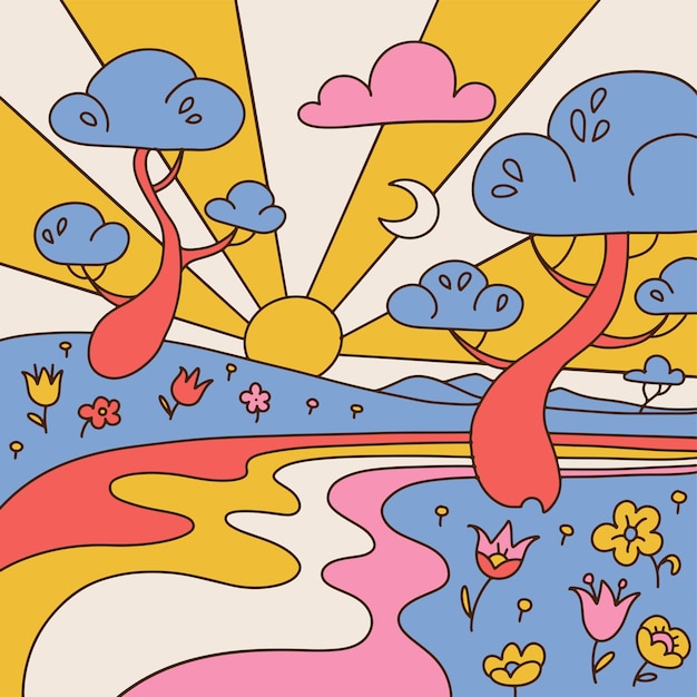 Vector fondo hippie vintage de cartel cuadrado de paisaje maravilloso psicodélico retro con rayos de sol río ondulado