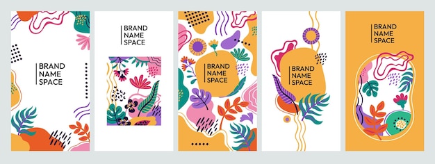 Fondo de historias tropicales plantilla de publicación floral de verano abstracta de redes sociales diseño de banner mínimo con hojas y flores exóticas conjunto de carteles tropicales vectoriales