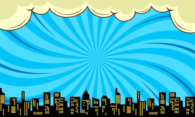 fondo de historieta cómica con silueta de nube y ciudad