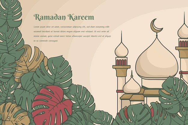 Fondo de hoja de monstera con mezquita en diseño de dibujos animados dibujados a mano para plantilla de ramadan kareem