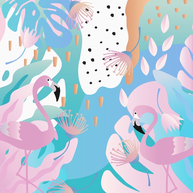 Fondo de hojas y flores tropicales con flamencos.