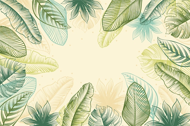 Fondo de hojas tropicales dibujadas a mano grabado