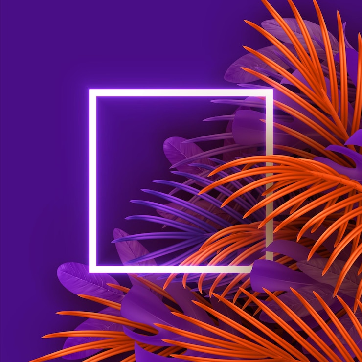 Vector fondo de hojas tropicales. rama de palma realista. hojas y ramas de palmeras. follaje de color naranja y violeta, patrón de hojas tropicales. marco de neón espacio en blanco para texto, colocación plana, vista desde arriba.