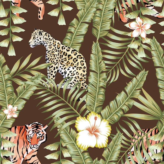 Vector fondo de hojas tropicales tigre pantera marrón fondo