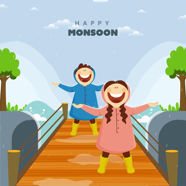 Fondo de hola monzón con niña y niño alegres disfrutando de la lluvia en el puente