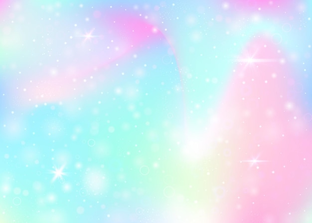 Fondo de holograma con malla de arco iris. Bandera del universo líquido en colores princesa. Telón de fondo degradado de fantasía. Fondo de unicornio holograma con destellos de hadas, estrellas y desenfoques.
