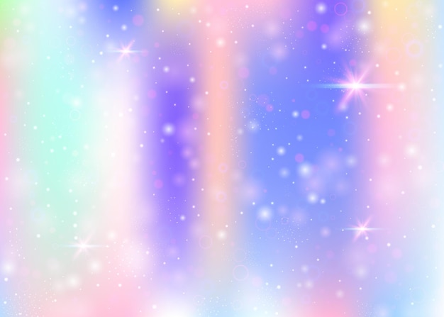 Fondo de holograma con malla de arco iris. Bandera del universo de moda en colores princesa. Telón de fondo degradado de fantasía. Fondo de unicornio holograma con destellos de hadas, estrellas y desenfoques.