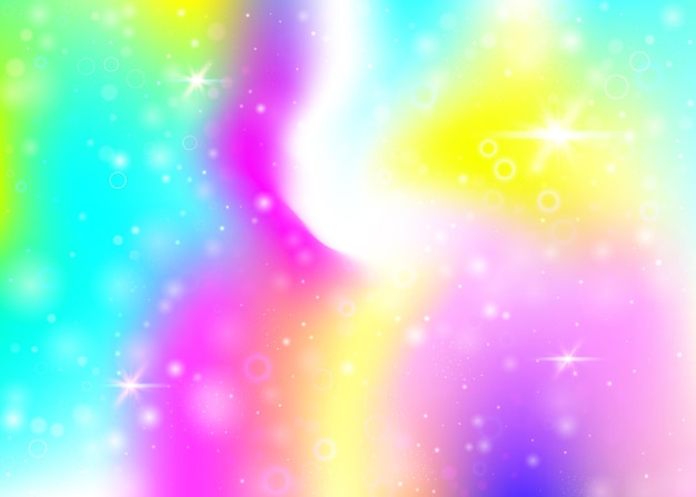 Fondo de holograma con malla de arco iris banner de universo lindo en colores de princesa telón de fondo degradado de fantasía fondo mágico de holograma con estrellas de destellos de hadas y desenfoques