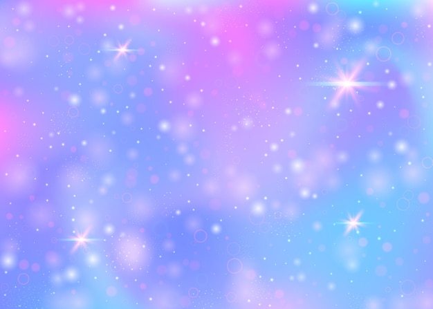 Fondo de holograma con malla de arco iris Banner de universo multicolor en colores de princesa Fondo degradado de fantasía Fondo mágico de holograma con destellos de hadas, estrellas y desenfoques