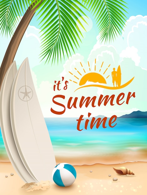 Fondo de horario de verano - tabla de surf en contra de la playa y las olas. ilustración