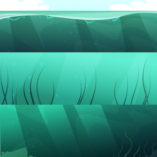 El fondo horizontal del agua verde azul de océano fijó con los rayos de luz y las algas marinas resumen ilustración vectorial aislado