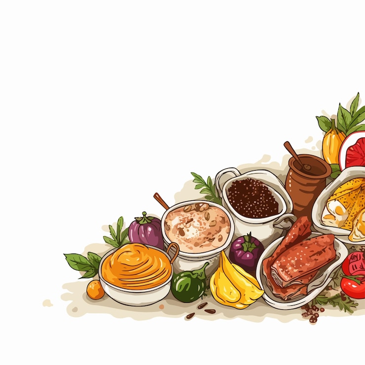 Vector fondo horizontal de colores vibrantes con deliciosa comida tradicional esparcida