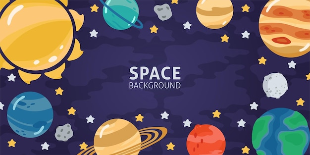 Fondo horizontal espacial con cosmonauta de planetas cohete y espacio de copia para su texto en estilo de dibujos animados Banner conceptual con el sistema solar para su diseño Ilustración vectorial