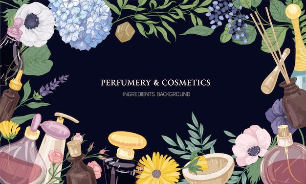 Fondo horizontal con marco hecho de ingredientes de perfumes aromáticos en botellas decorativas de vidrio, elegantes flores y lugar para texto sobre fondo oscuro.