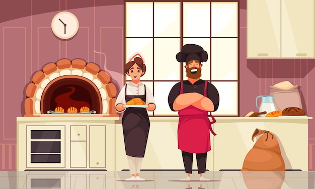 Fondo horizontal panadero con personajes de dibujos animados masculinos y femeninos que presentan productos hechos con sus propias manos ilustración vectorial plana