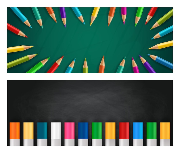 Vector fondo horizontal realista de regreso a la escuela con crayones de colores y lápices en la pizarra
