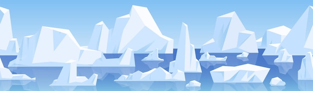 Fondo horizontal transparente con glaciares árticos flotando en el agua. Un paisaje invernal frío e interminable con icebergs, nieve y hielo en el Polo Norte. Ilustración de vector plano coloreado de panorama repetible.