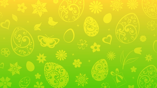 Fondo de huevos, flores, caja de regalo, pollo y otros símbolos de Pascua en colores verde y amarillo