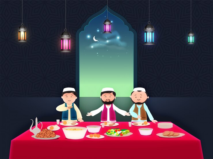 Vector fondo de iftar party con hombres islámicos en la mesa de comedor