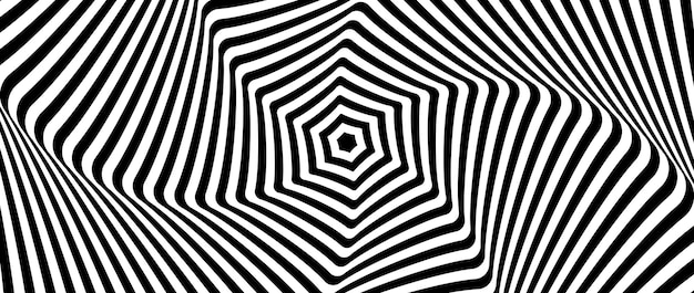 Fondo de ilusión óptica radial en blanco y negro superficie de líneas distorsionadas abstractas cartel hipnótico