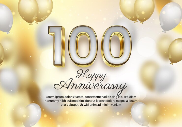 Vector fondo de ilustración de 100 aniversario con globos estrellas partículas cinta dorada