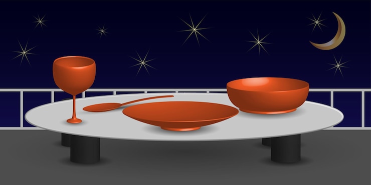 Vector fondo de ilustración de cena de vajilla 3d de vector con luz de estrellas