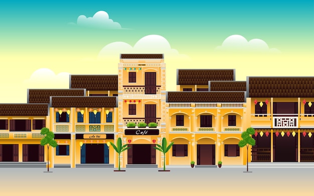 fondo de ilustración de ciudad antigua de hoi an vietnam de vector