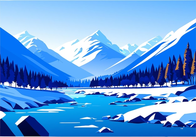 Fondo de ilustración de papel tapiz de cielo azul de bosque de río de montaña de nieve