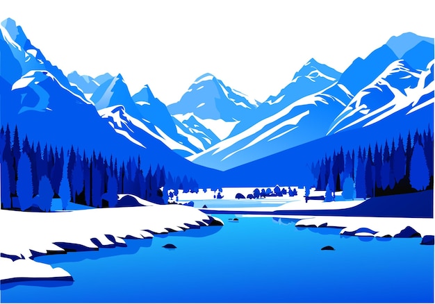 Fondo de ilustración de papel tapiz de cielo azul de bosque de río de montaña de nieve