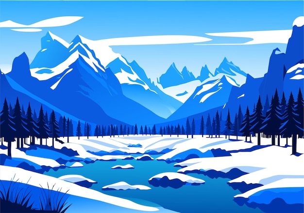 Vector fondo de ilustración de papel tapiz de cielo azul de bosque de río de montaña de nieve