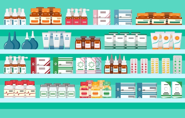 Fondo de ilustración de vector de escaparate de farmacia de estante de medicina con productos de formacología